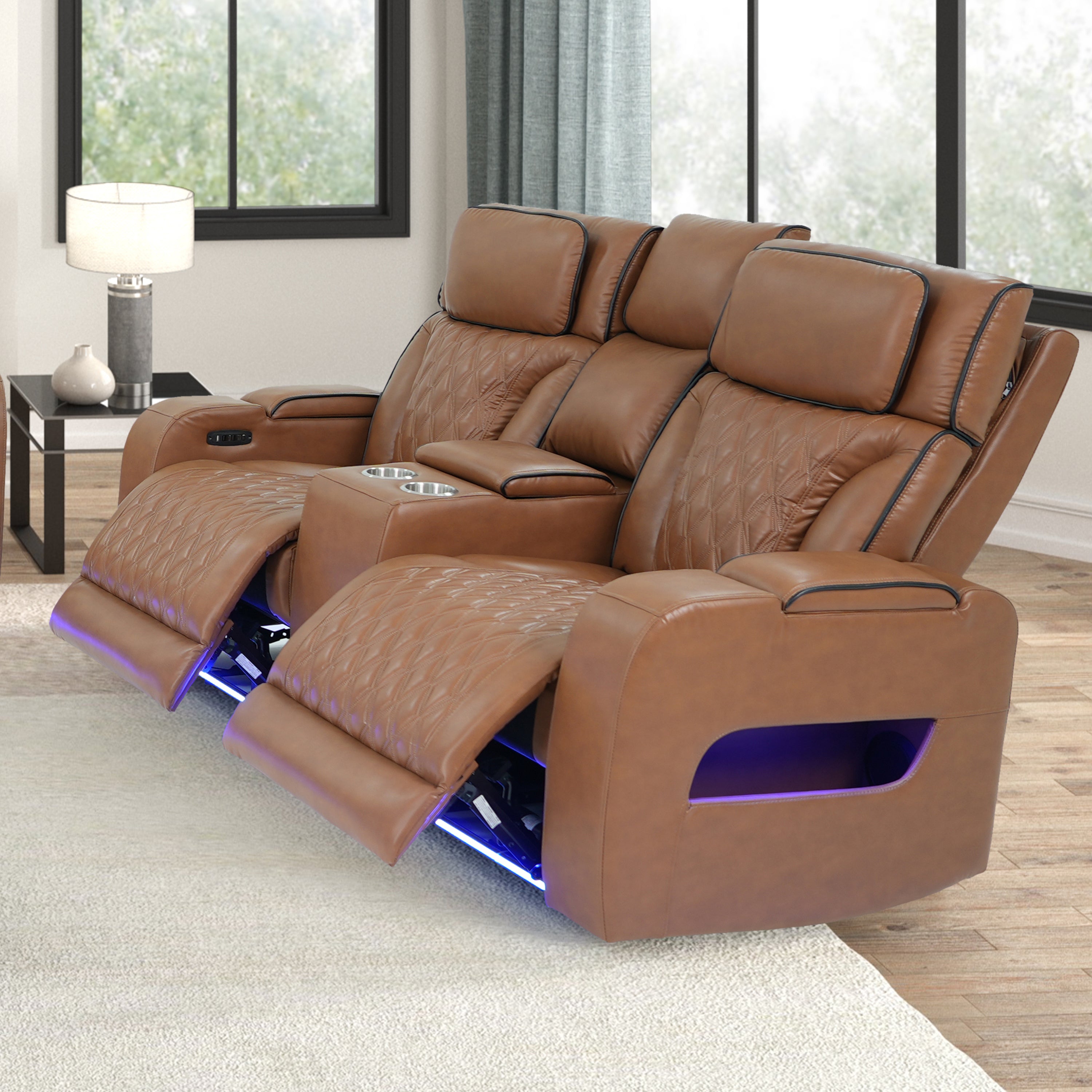 Jazz 74 Light Brown Leather Aire Transformer Power Reclining Loveseat with Power Headrest, Bluetooth Speakers, LED Lights, USB &
