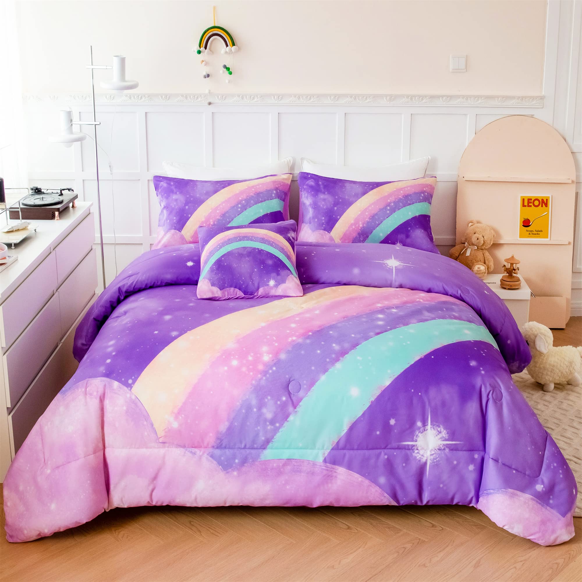 Angiyuin Purple Rainbow Girls Comforter Set Twin, 6 Pieces Gradient Glitter Bedding Sets For Girls Kids, 3D Galaxy Nebula Kids G