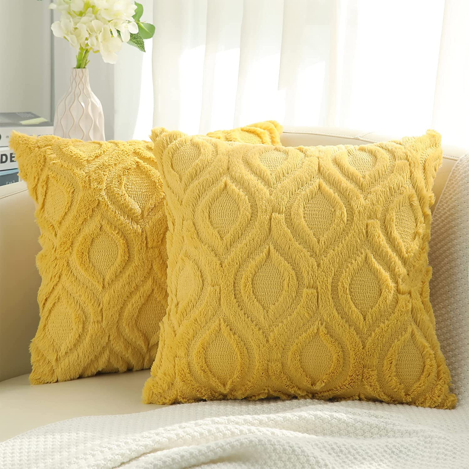 Decoruhome Decorative Throw Pillow Covers 22X22, Soft Plush Faux Wool Couch Pillow Covers For Home, Set Of 2,Mustard Yellow