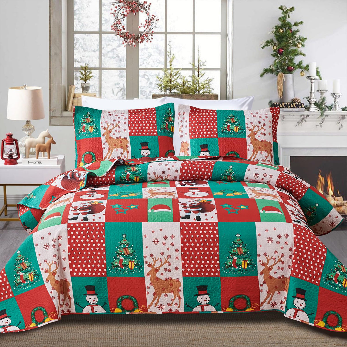 Smuge Christmas Bedspread Quilt Sets King Size - Reversible Elk Snowman Christmas Tree Small Bell Red Green Plaid New Year Winte