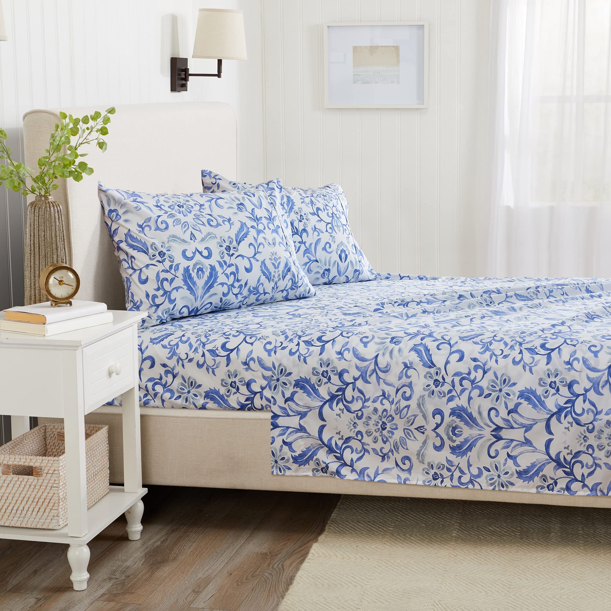 Great Bay Home 3-Piece Floral Print Ultra-Soft Microfiber Sheet Set. Wrinkle Free, Comfortable, All-Season Bed Sheets. (Twin, Watercolor Flowers - Blue)