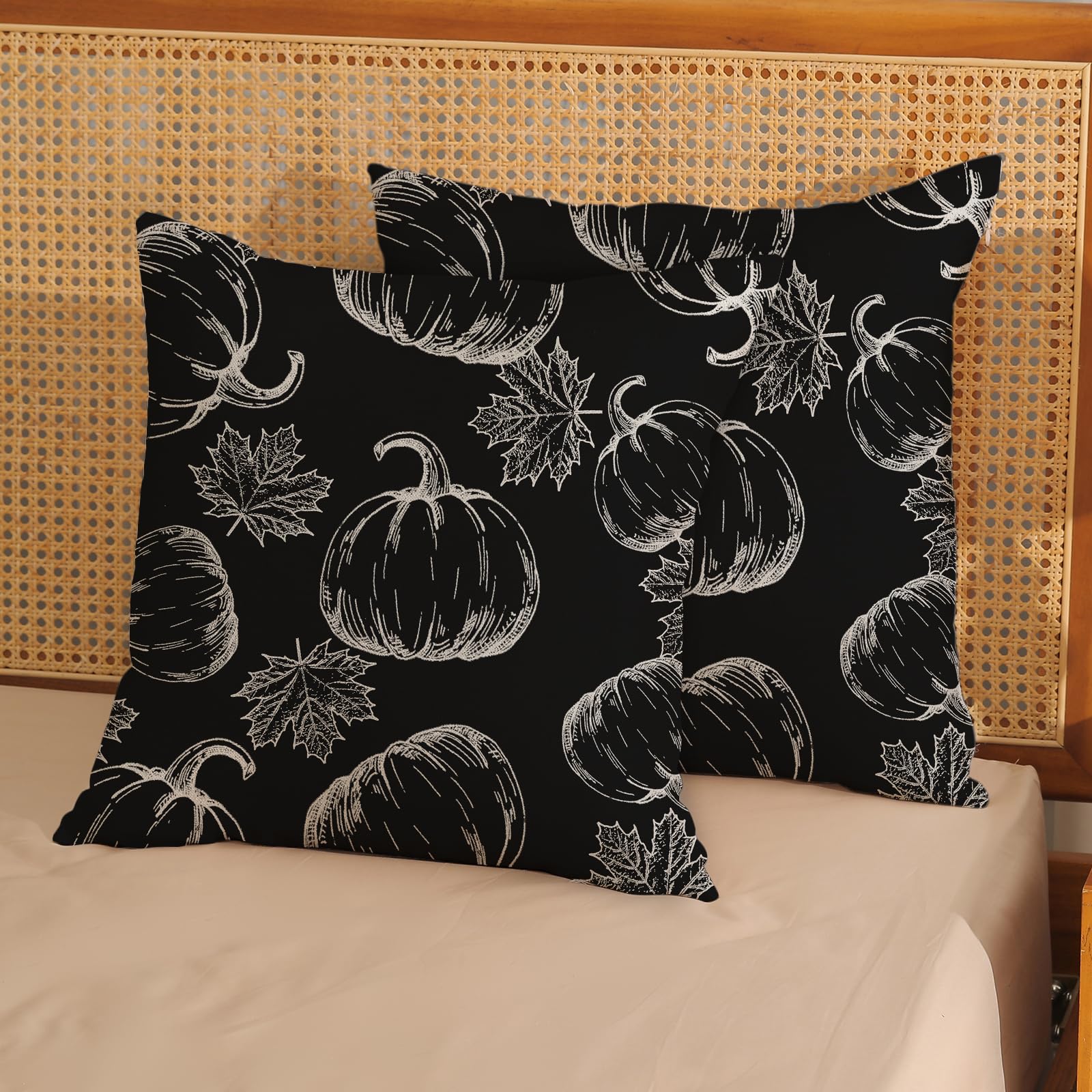 Fall Pillow Covers 18X18 Black Cream Pumpkin Decor Throw Pillows Case For Couch Maple Leaves Autumn Harvest Thanksgiving Farmhou