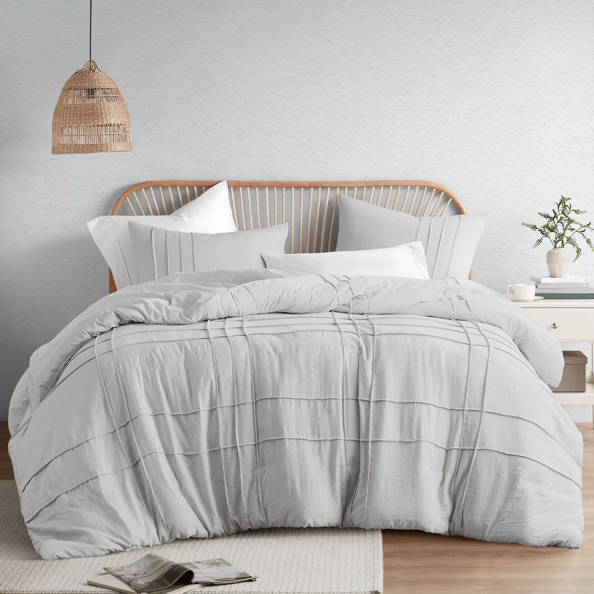 Comfort Spaces Silver Cal King Size Duvet Cover Set - 3-Pc Pintuck Pleated Duvet Cover Cal King, All Season Lightweight, Extra S