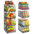 Jakyitvi 4 Pack Stackable Wire Baskets with Fixed Wooden Top, Vegetable Fruit Storage Bins for Onion Potato Snack, Pantry Basket