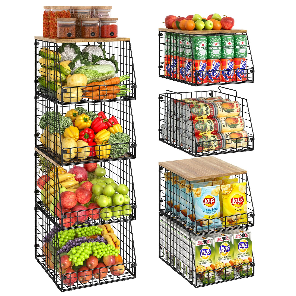Jakyitvi 4 Pack Stackable Wire Baskets with Fixed Wooden Top, Vegetable Fruit Storage Bins for Onion Potato Snack, Pantry Basket