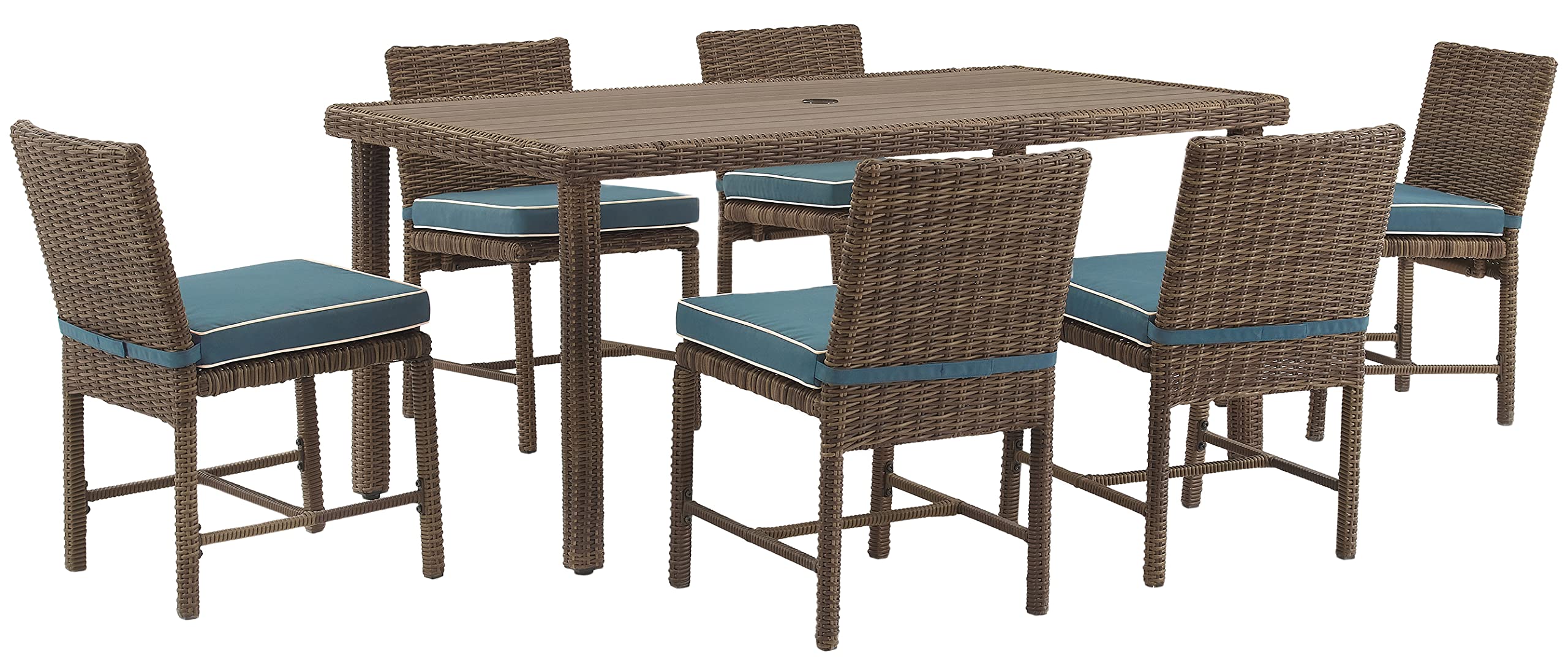 Crosley Furniture Bradenton 7-Piece Outdoor Dining Set For 6, Wicker Patio Table And Chairs For Backyard, Weathered Brown With Navy Cushions