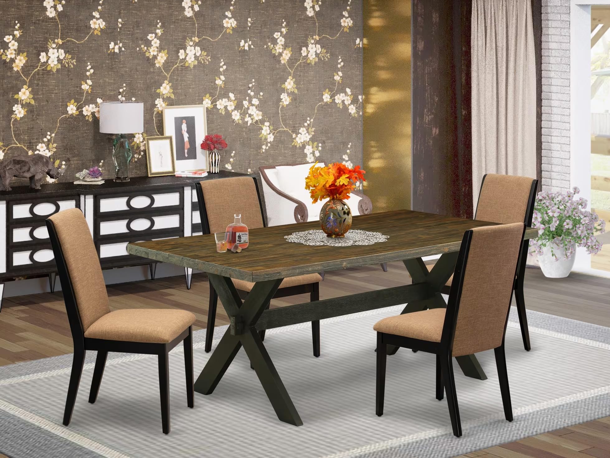 East West Furniture X677La147-5 5 Piece Modern Dining Table Set Includes A Rectangle Wooden Table With X-Legs And 4 Light Sable Linen Fabric Parson Dining Chairs, 40X72 Inch, Multi-Color