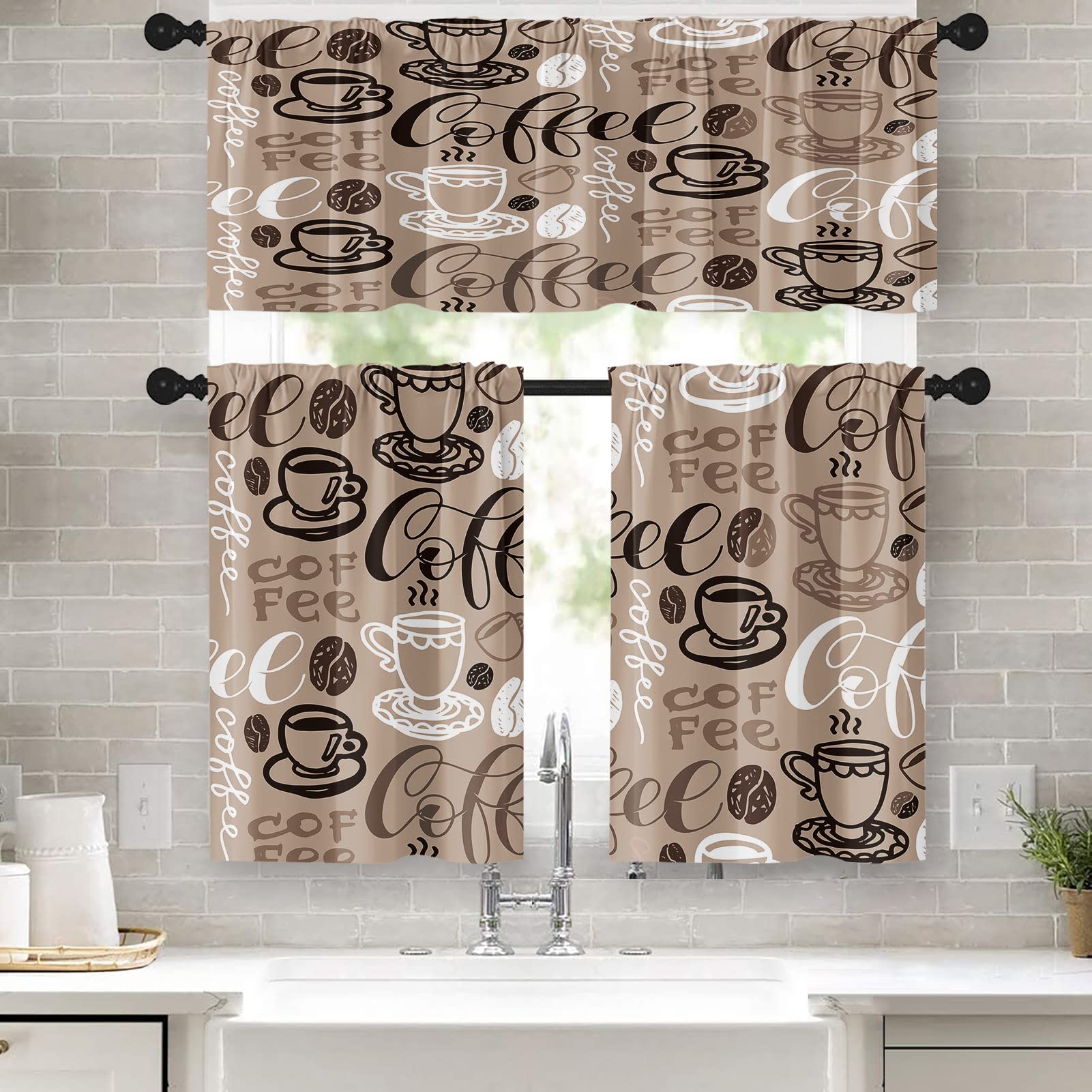 Tayney Coffee Kitchen Curtains Brown Window Curtains Valance And Tier Set, Farmhouse Rod Pocket Short Tier Curtain, Retro Vintag