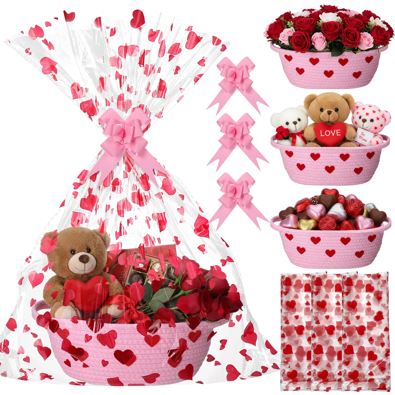 Newtay 3 Set Valentine's Gift Basket Empty Include Pink Woven Baskets Gift Bags Bows Decorative Valentine Heart Basket with Hand