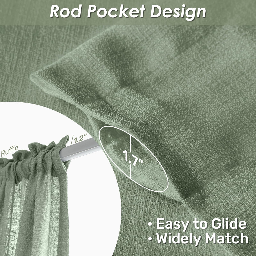 Melodieux Sage Green Semi Sheer Curtains 96 Inches Long For Living Room, Bedroom Faux Linen Texture Rod Pocket Privacy Sheer Dra