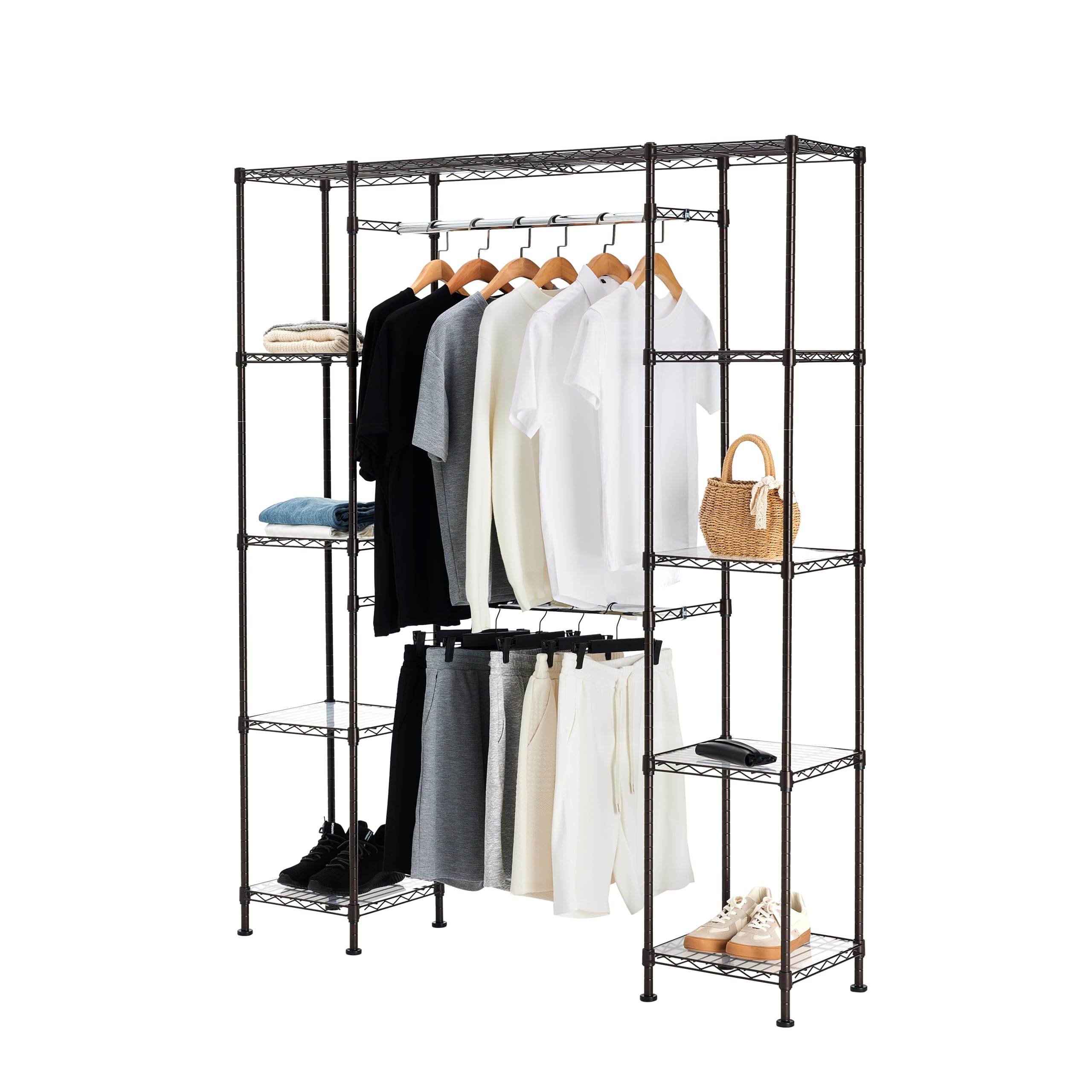 Amazon Basics Expandable Metal Hanging Closet Organizer and Storage Rack Wardrobe with Shelves, 57-80L x 14W x 72H, Bronze