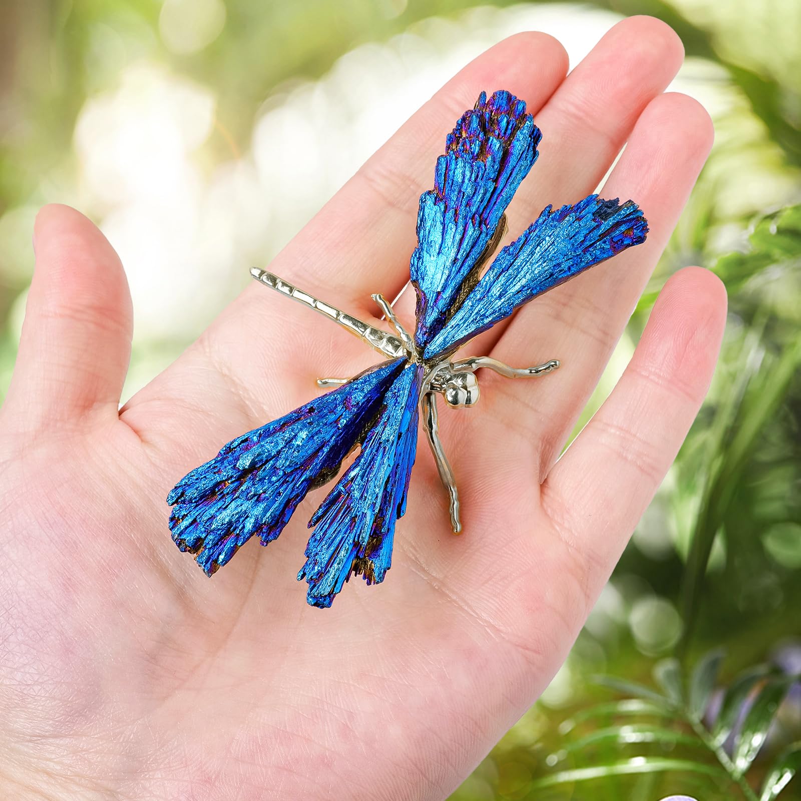 RJINGSHI Dragonfly Statue Natural Electroplated Blue Tourmaline Dragonfly Decor Collection Natural Home Decor Healing Crystals D