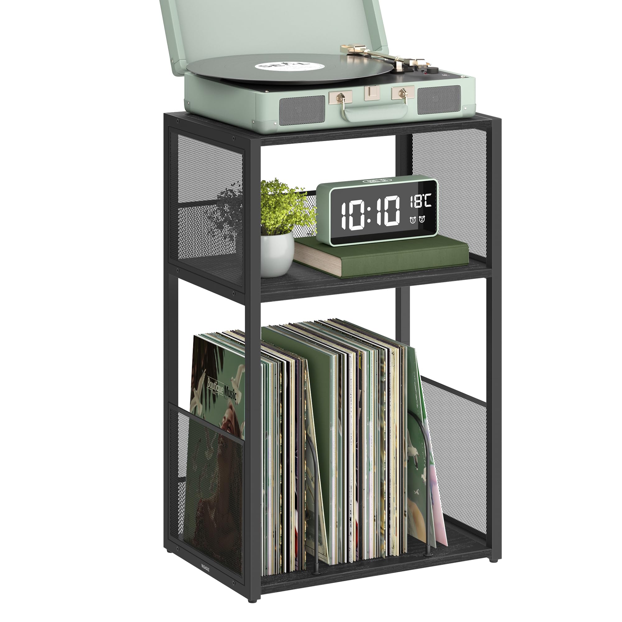 VASAGLE Record Player Stand, 3-Tier Side Table, Vinyl Record Storage up to 100 Albums, End Table for Living Room, Bedroom, Ebony