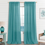 Koufall Teal Back Tab Rod Pocket Linen Sheer Curtains For Living Room 52X96 Inch Length