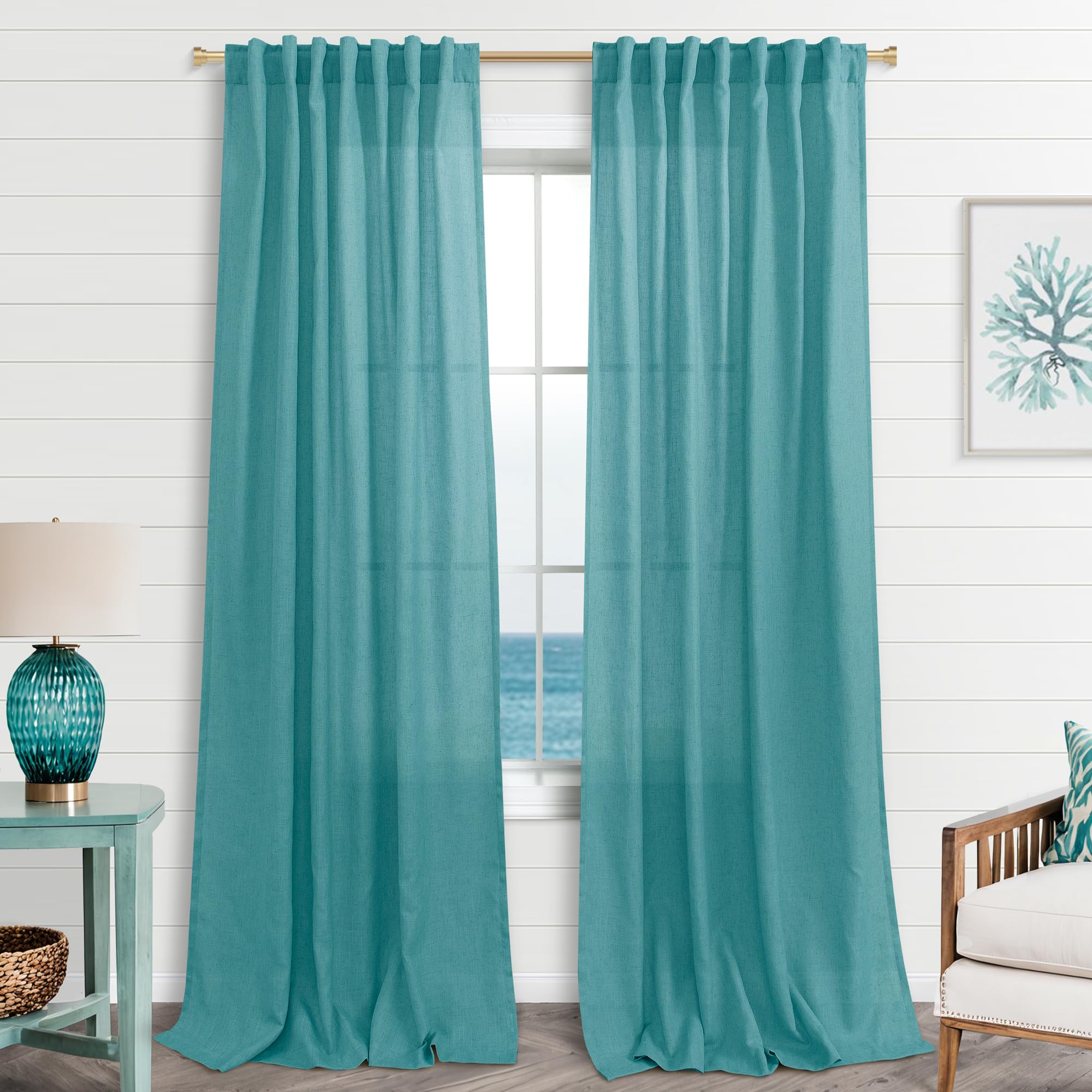 Koufall Teal Back Tab Rod Pocket Linen Sheer Curtains For Living Room 52X96 Inch Length
