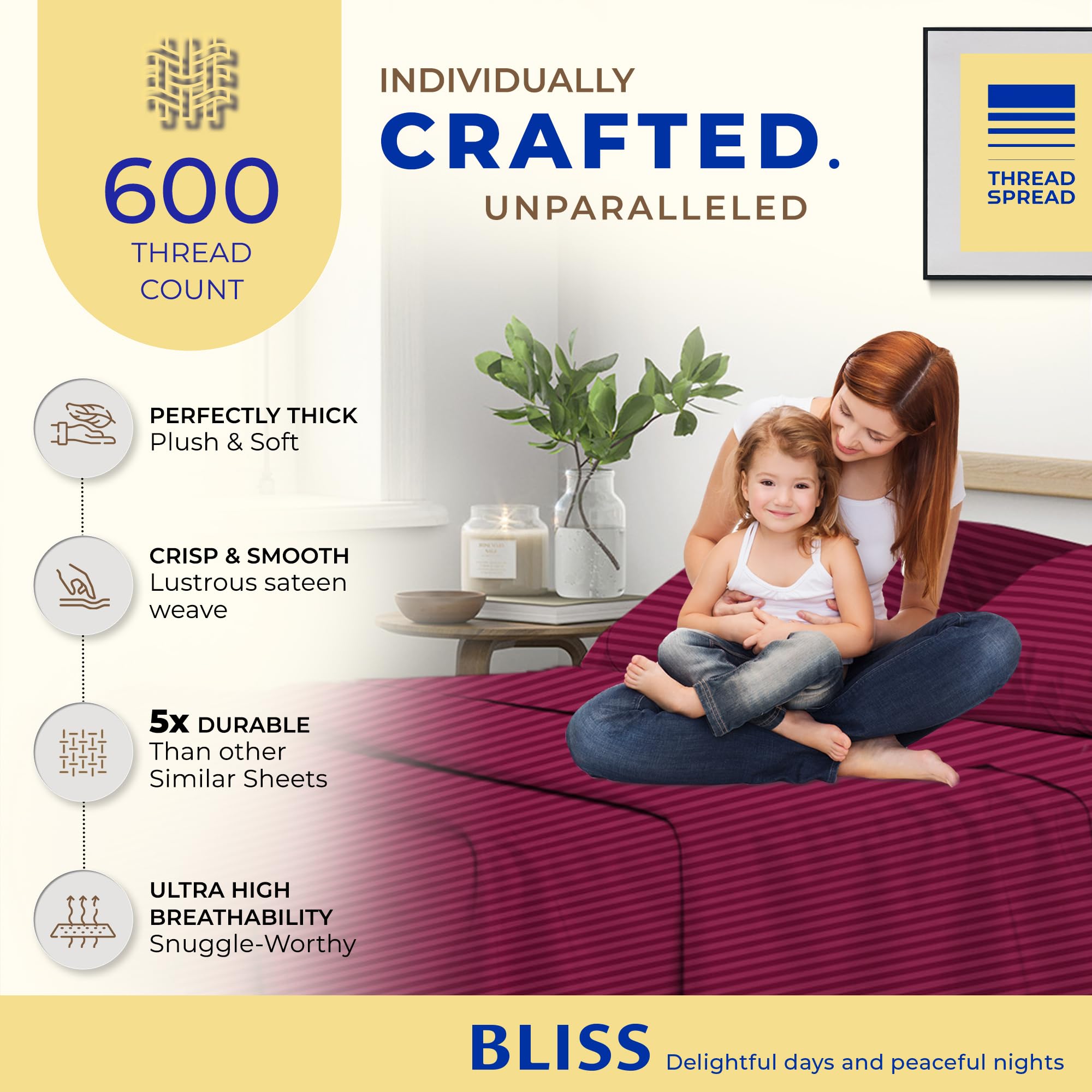 Thread Spread Luxury Egyptian Cotton Full Stripe Sheet Set, 600 Thread Count Extra Long Staple 4 Pc Set, Full Damask Sheets, Soft, Cooling Sateen Weave Striped Sheets Upto 18' Deep Pocket - Burgundy