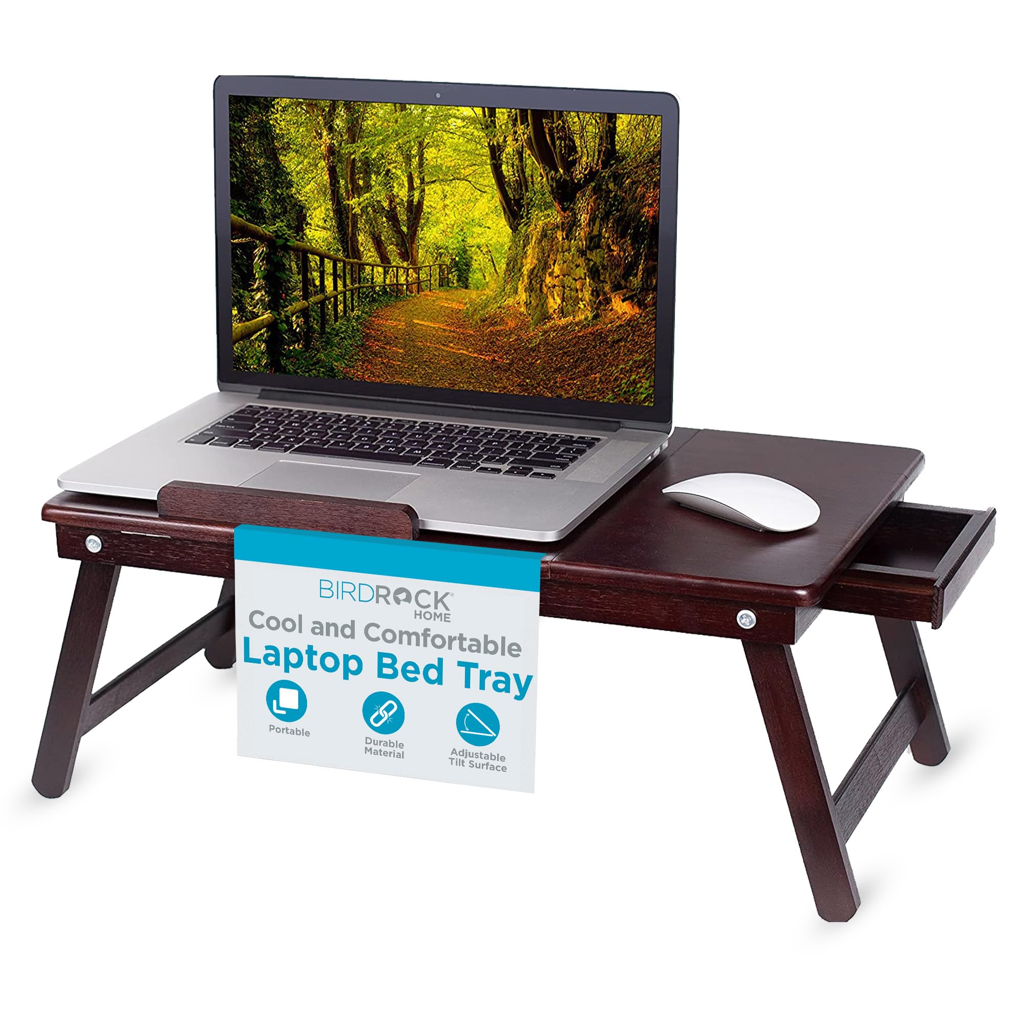 Birdrock Home Bamboo Laptop Bed Tray With Adjustable Tilt Surface | Foldable Legs & Pullout Storage Drawer | Wooden Lap Desk For