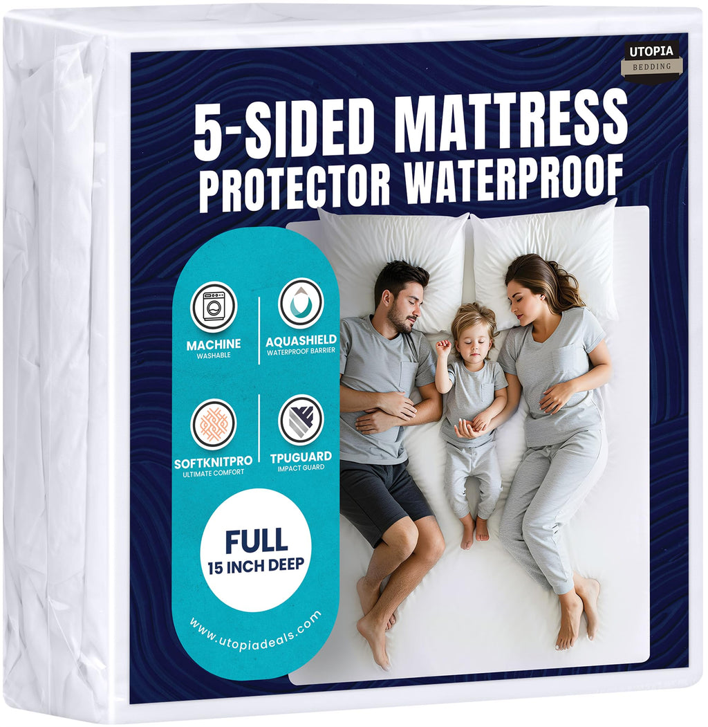 Utopia Bedding Waterproof 5-Sided Mattress Protector Full Size, Premium Breathable Mattress Cover, Fitted Style With Stretchable