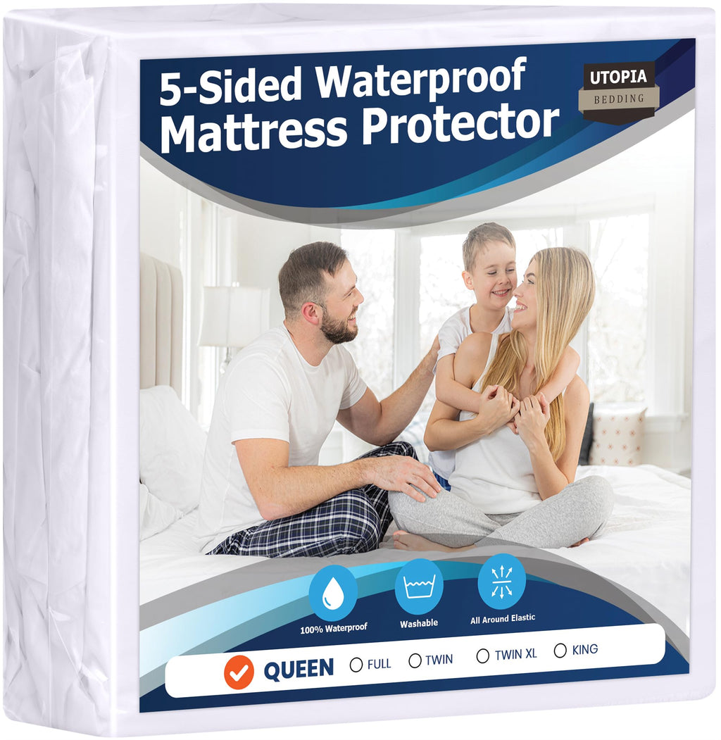 Utopia Bedding Waterproof Queen Mattress Protector, Premium Breathable Fitted Cover, 5-Sided Design, White