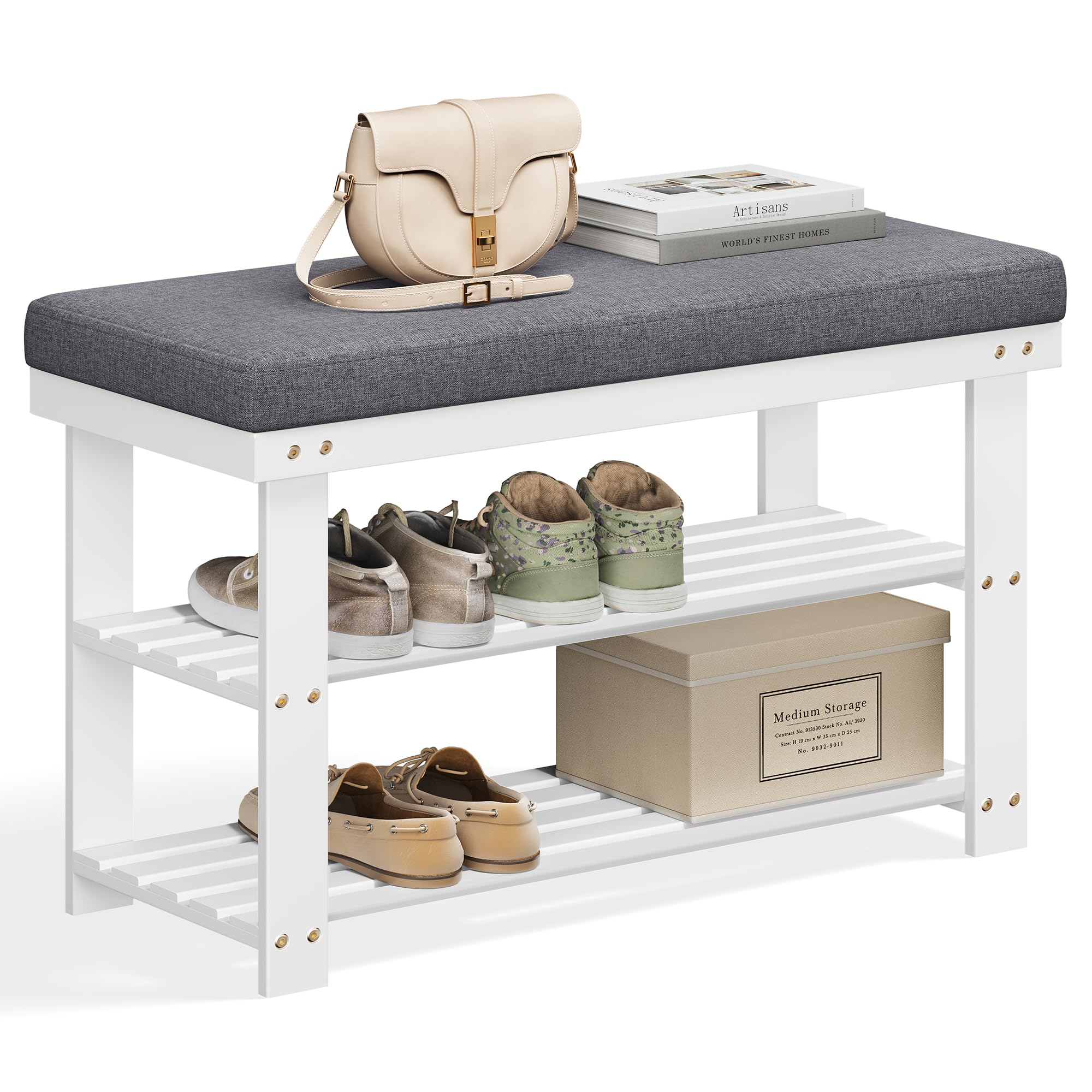 Songmics Bamboo Shoe Bench, 3-Tier Shoe Rack, Stable Shoe Organizer For Entryway, Living Room, Bench Seat Holds Up To 330 Lb, 11.4 X 28 X 19.3 Inches, White And Gray Ulbs604W01