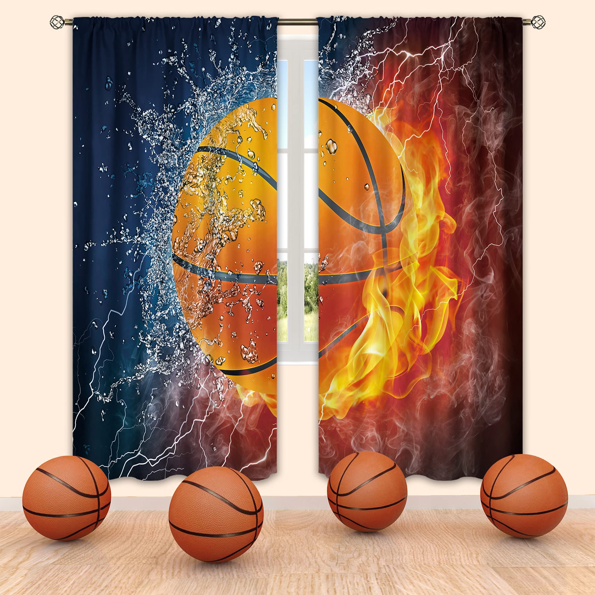 Cinbloo Sports Curtains For Teen Boys 42W X 63L Inch Rod Pocket Basketball Theme Kids Men Bedroom Wall Art Abstract Flame Basket