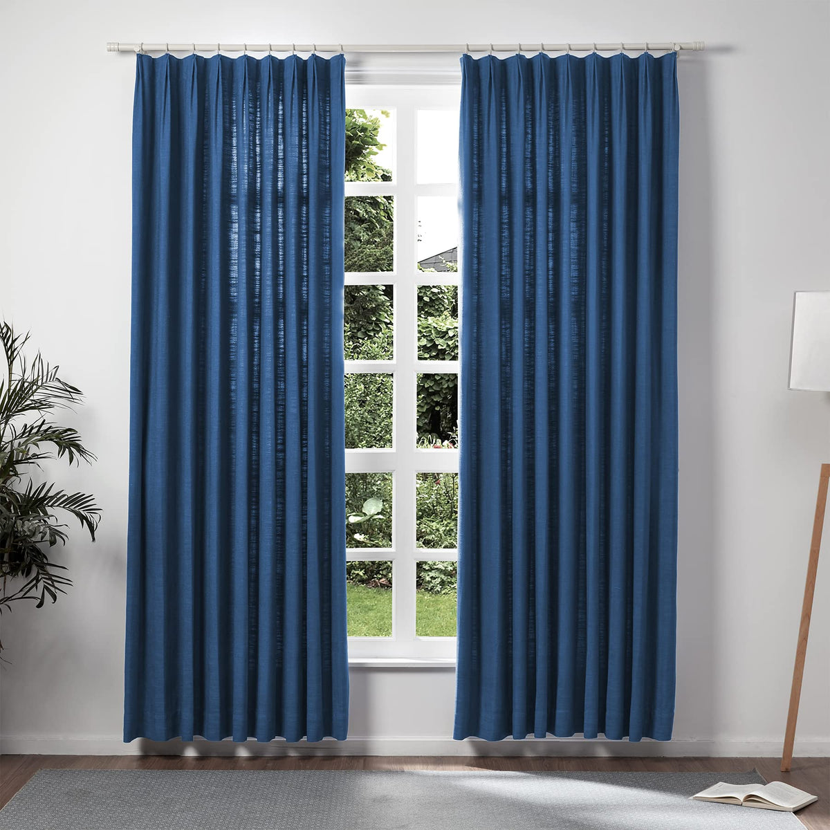 Twopages Double Layer Lined Curtain Navy Blue Linen Blend Light Filtering Pinch Pleat Curtain For Kitchen, Room Darkening Window