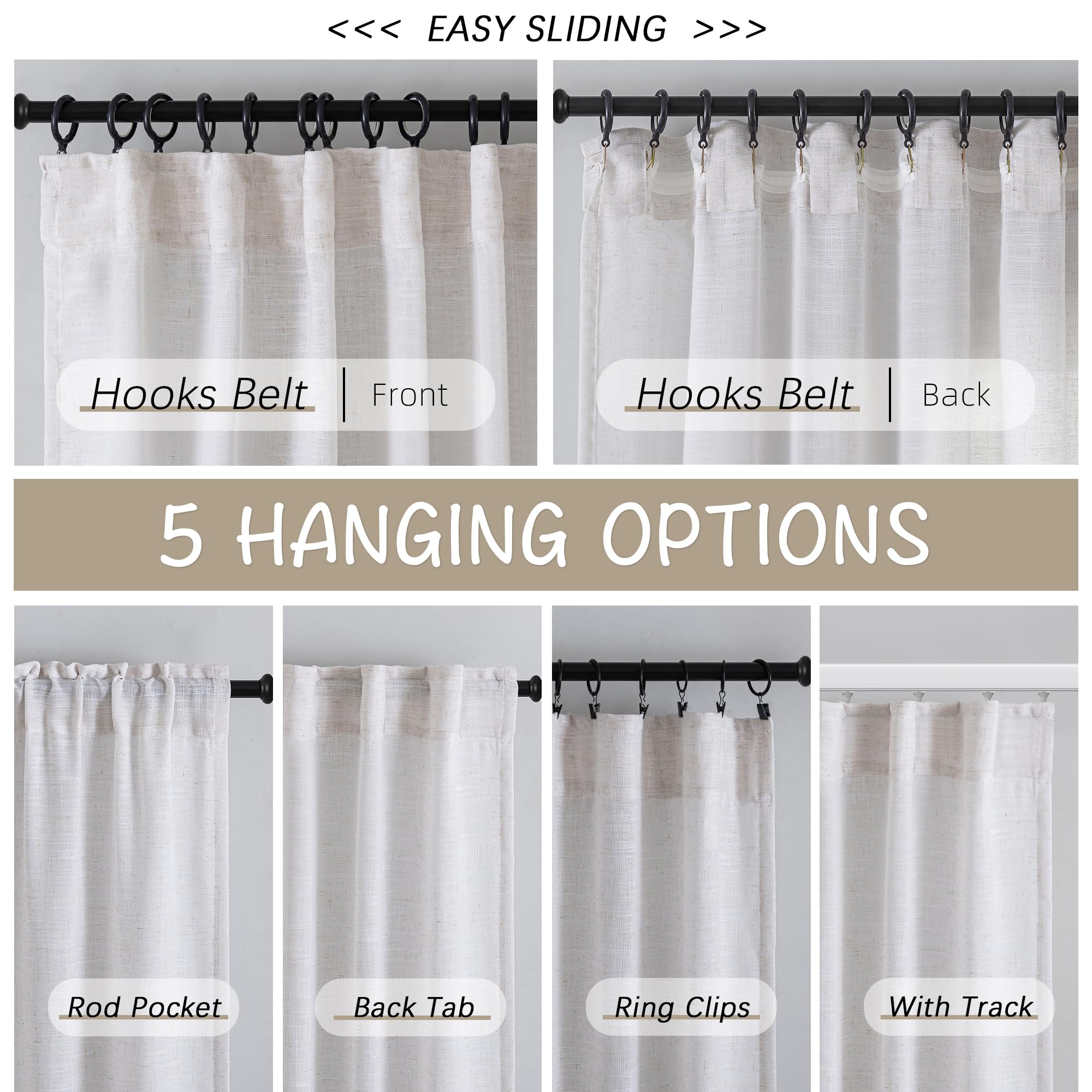 White With Linen Back Tab Curtains 72 Inches Long 2 Panels Set For Guest Room - Elegant Modern Country Pocket Semi Sheer Privacy Drapes Hooks Belt Pleated Light Filtering Playroom Curtains W52 X L72