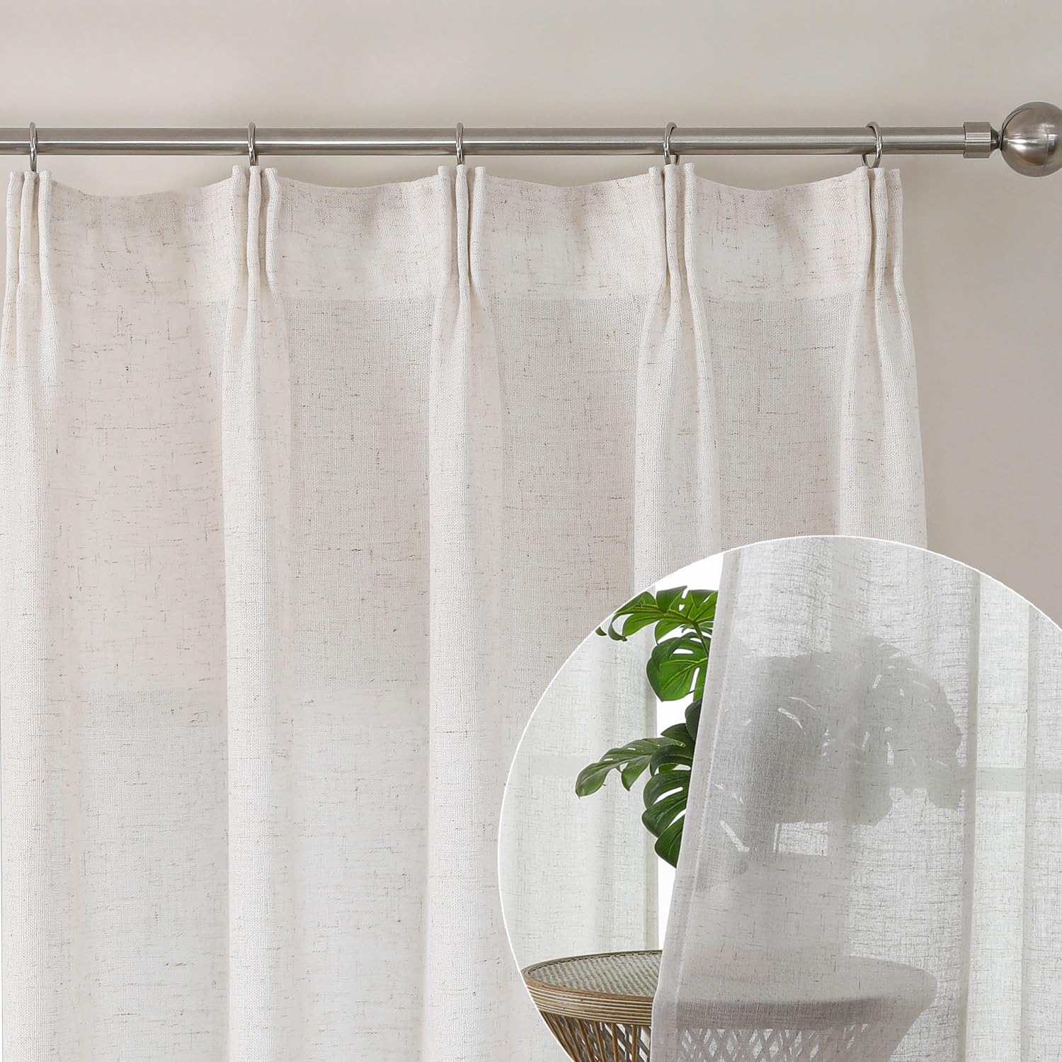 Ftinala 102 Inch Curtains Pinch Pleat Linen Curtains 102 Inches Long Off White Curtains Ivory Semi Sheer Curtains 2 Panels Linen