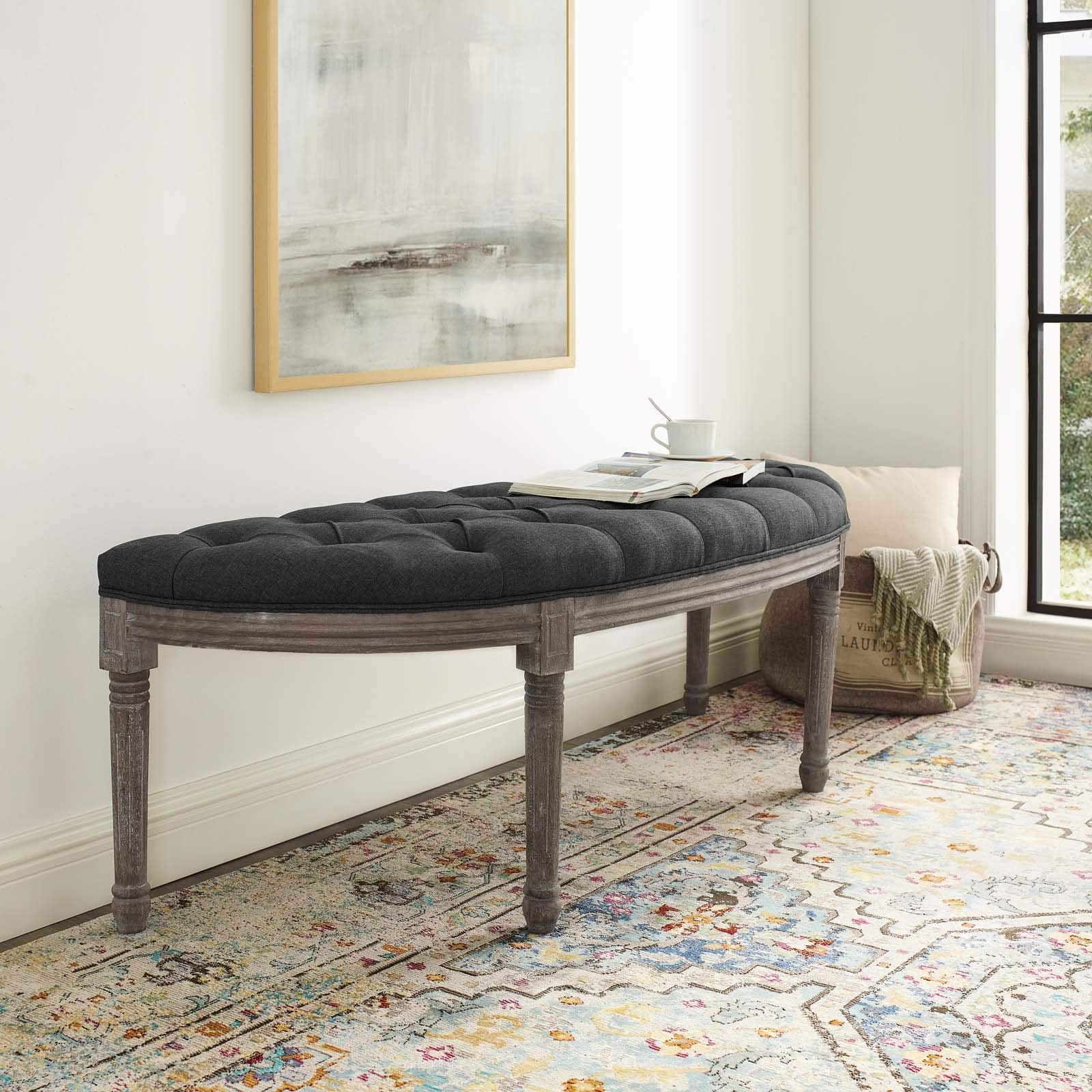 Modway Esteem Vintage French Upholstered Fabric Semi-Circle Entryway Bench In Gray