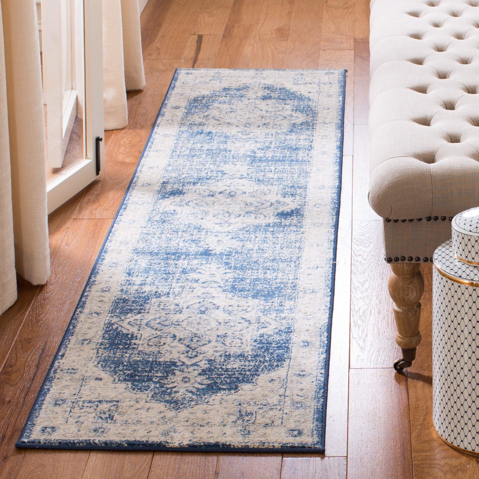 SAFAVIEH Brentwood Collection 2 x 10 Ivory / Navy BNT865A Medallion Distressed Non-Shedding Living Room Entryway Foyer Hallway