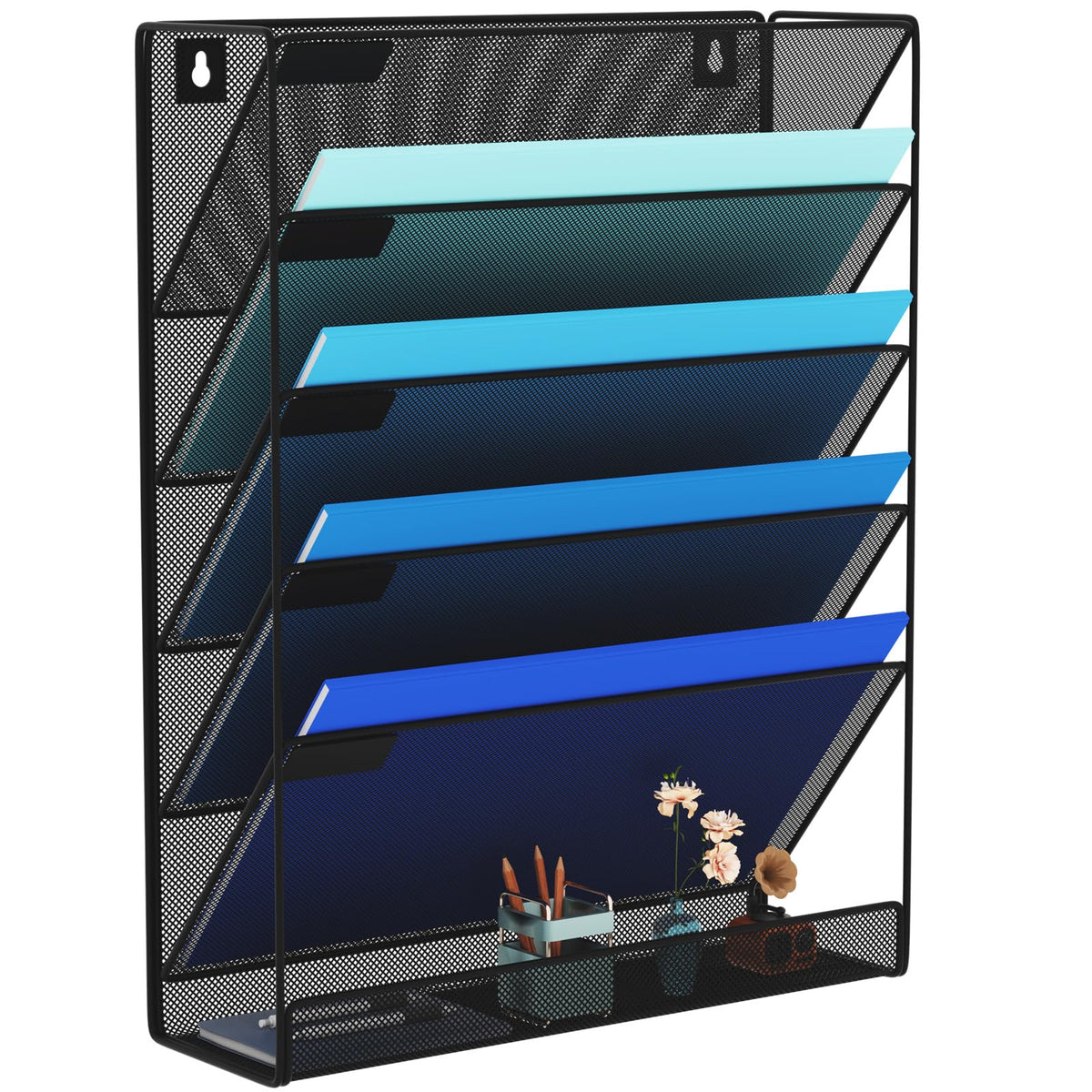 Gdindinfan Wall File Organizer Holder Mesh Hanging Paper Document Holder,Vertical 6 Pocket Tier For Office Home, Black