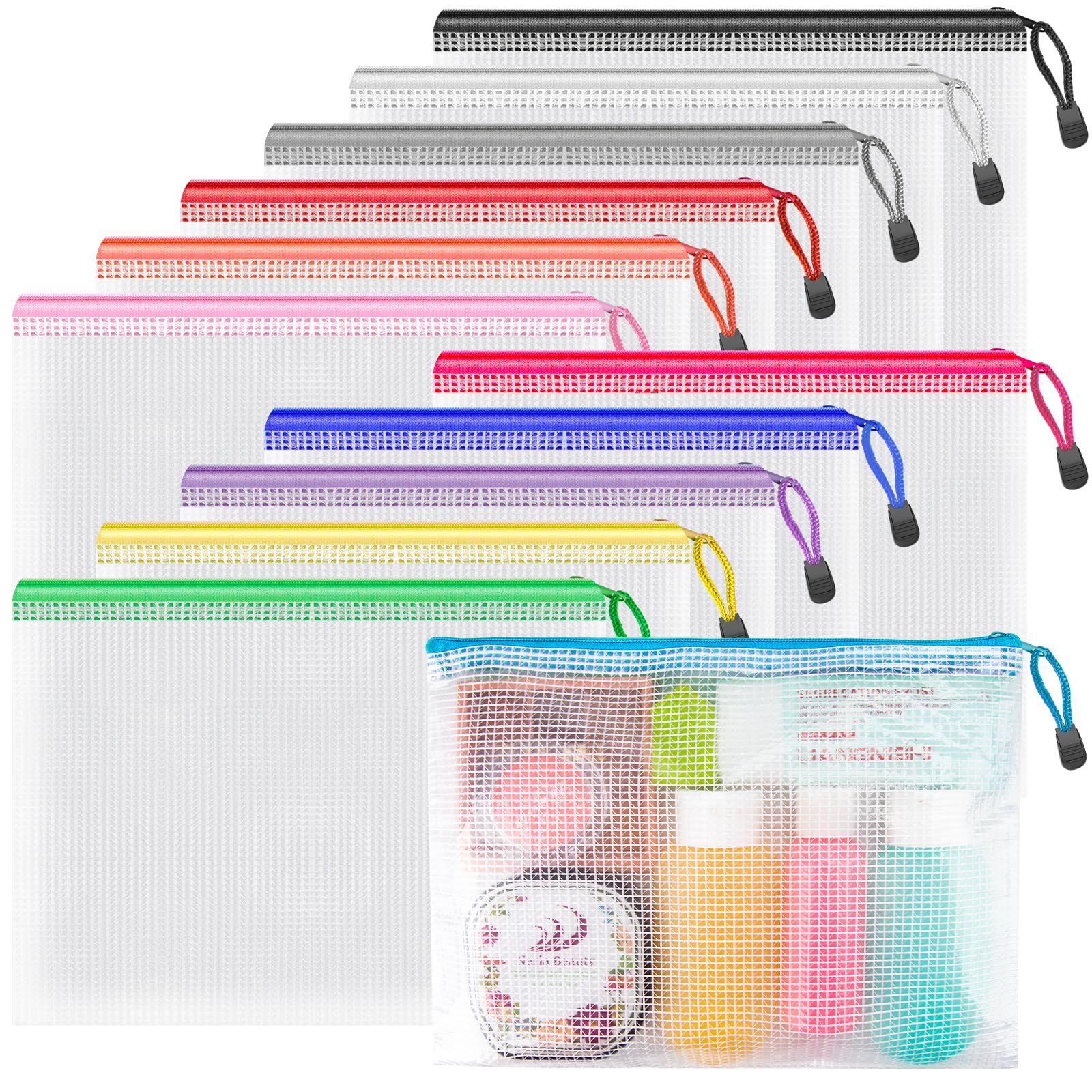 Umriox Small Zipper Pouch, 9.5X7.1 In (12 Colors, 12 Packs), Mesh Bags With Zipper For Office Supplies Travel Accessories