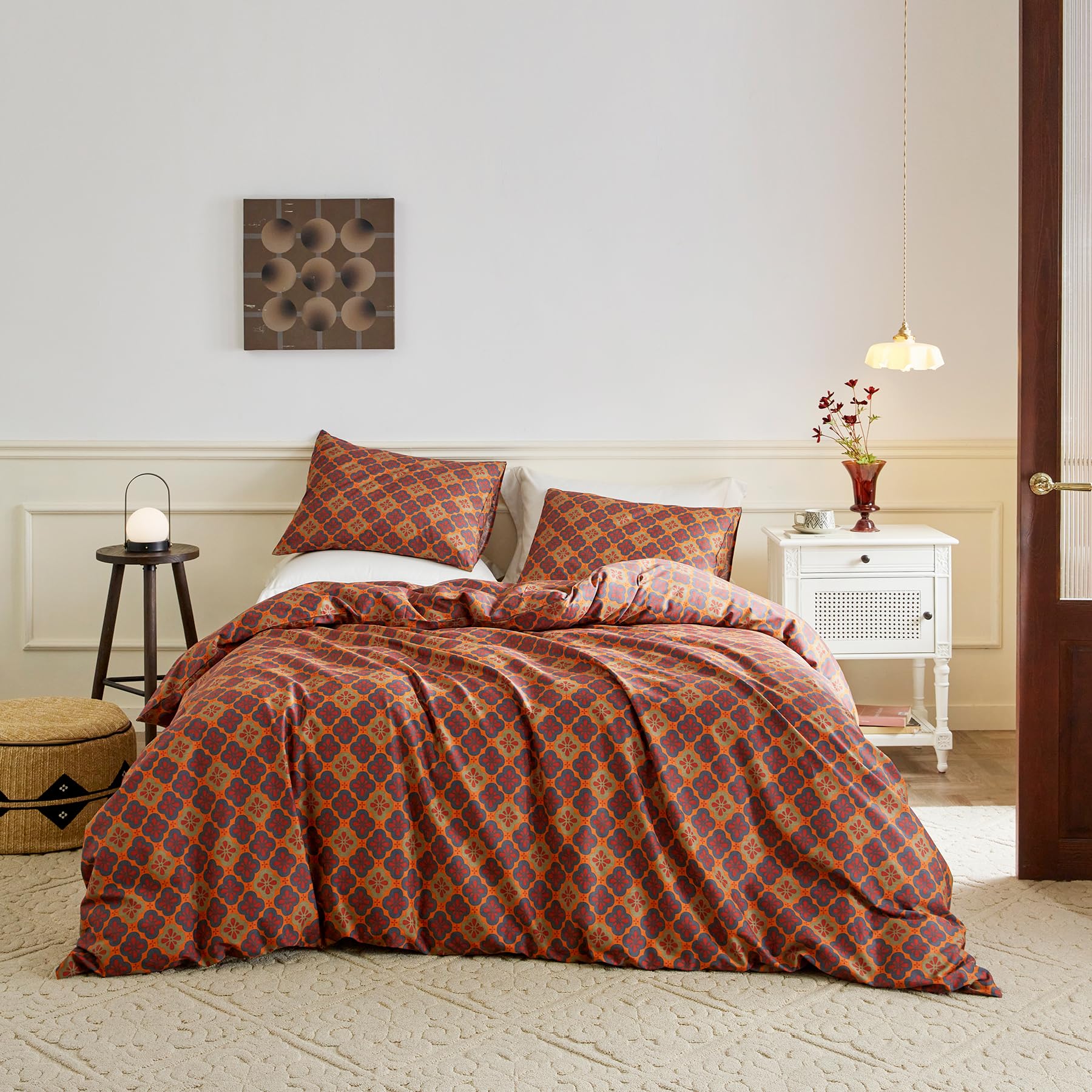 SUSYBAO Exotic Floral Duvet Cover Queen 100% Cotton 3 Pcs Set 1 Bohemian Abstract Morocco Patterned Duvet Cover with Zipper Ties