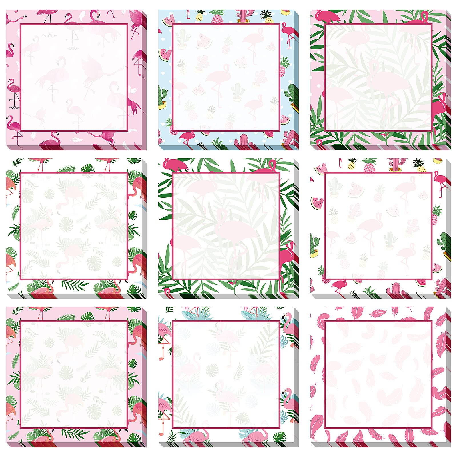 9 Pieces Summer Flamingos Sticky Notes 3X3 Inch Adhesive Summer Flamingos Memo Notes Self-Stick Note Pads For School Office Home
