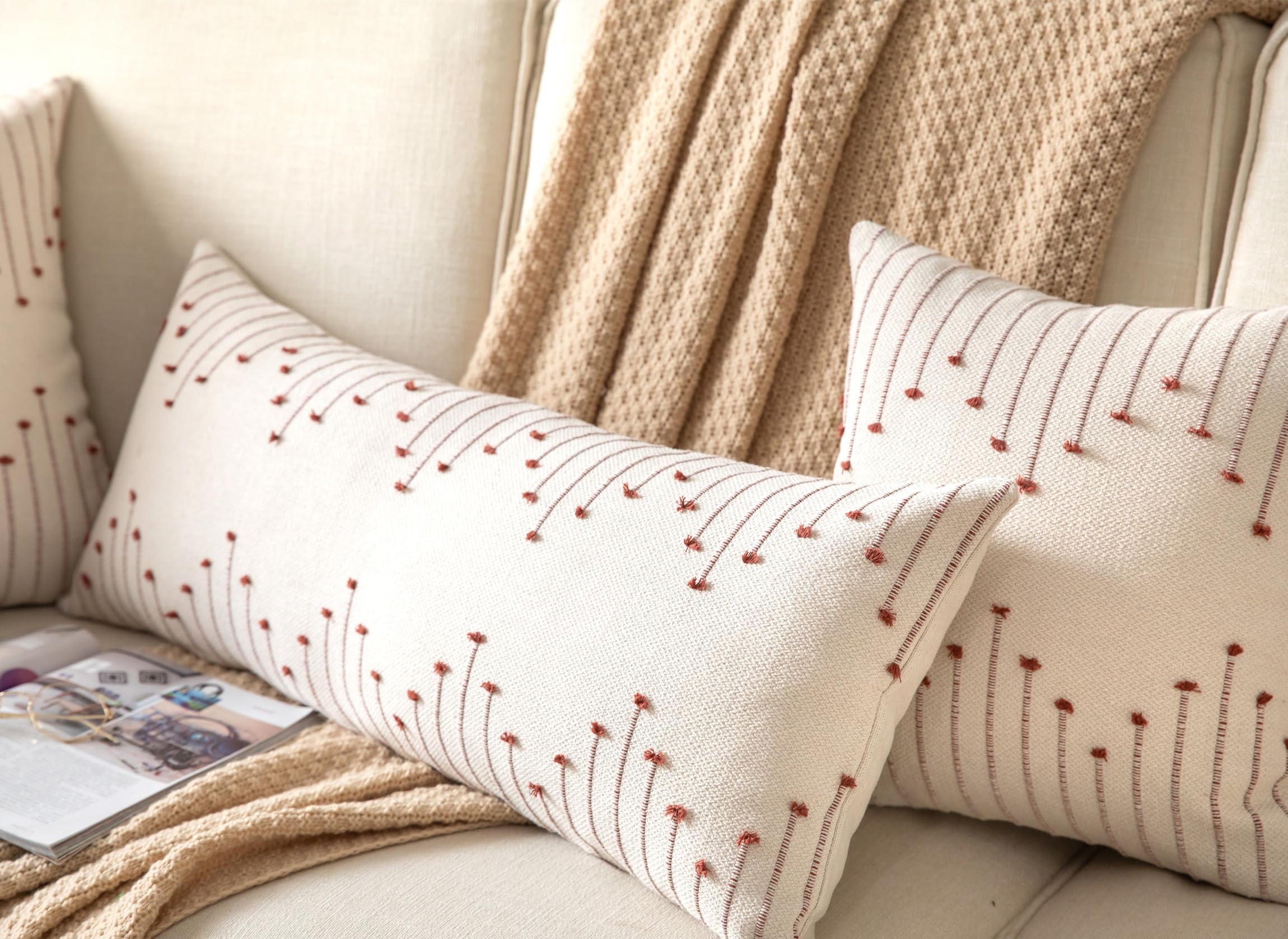 Caflife Boho Lumbar Pillow Cover 14X36 Long Pack Of 1 Decorative Pillows Bed, Beige With Rust Body Throw Pillow Covers, For Mode