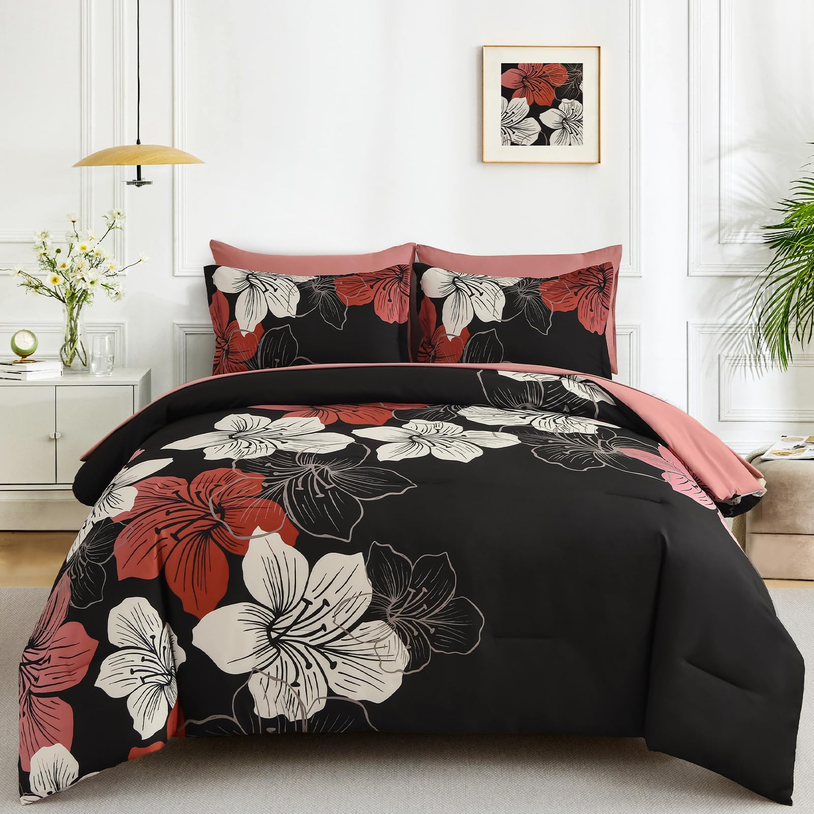 Luxudecor Floral Comforter Set King Size, 7 Pieces Bed In A Bag Red Floral Comforter And Sheet Set, Soft Microfiber Complete Bed