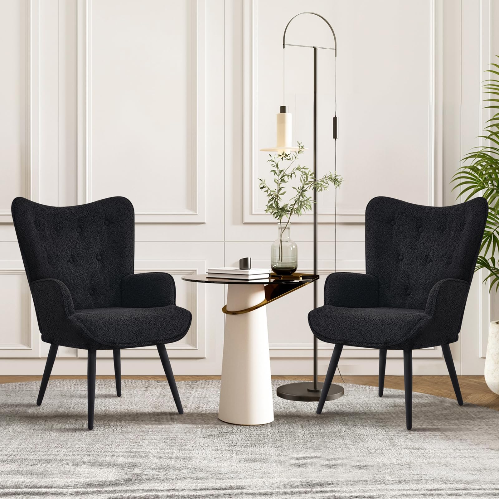 Furnimart Accent Chairs Set of 2, Black Sherpa Chair Reading Chair Armchair with High Backrest, Wingback Corner Chair Mid Centur