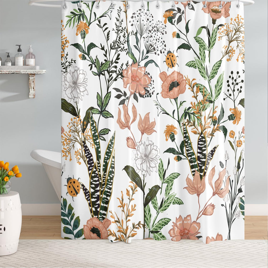 Bivinar Extra Long Green Boho Floral Shower Curtain 72 X 84 Inch, Flower Leaves Boho Chic Bathroom Curtain, Waterproof Fabric Pl