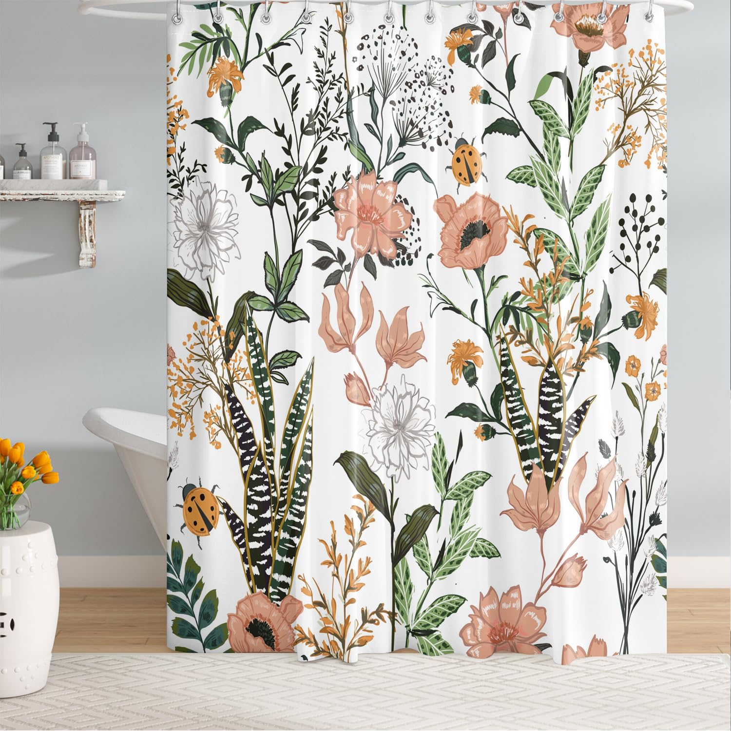 Bivinar Green Boho Floral Shower Curtain 60 X 72 Inch, Flower Leaves Boho Chic Bathroom Curtain, Waterproof Fabric Plant Bathroo