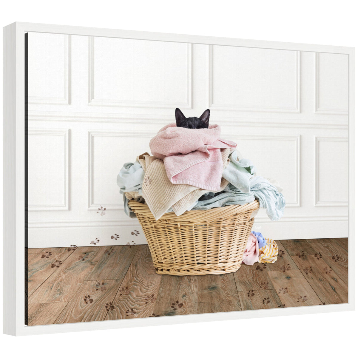 Sylvie Cat in a Basket Traditional Laundry Framed Canvas by Amy Peterson
