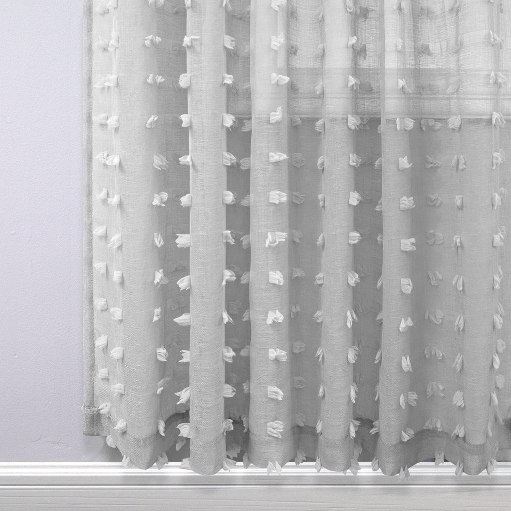Koufall Grey Textured Sheer Curtains 96 Inches Long For Living Room Pom Pom Boho Fluffy Furry Back Tab Ceiling To Floor Length R