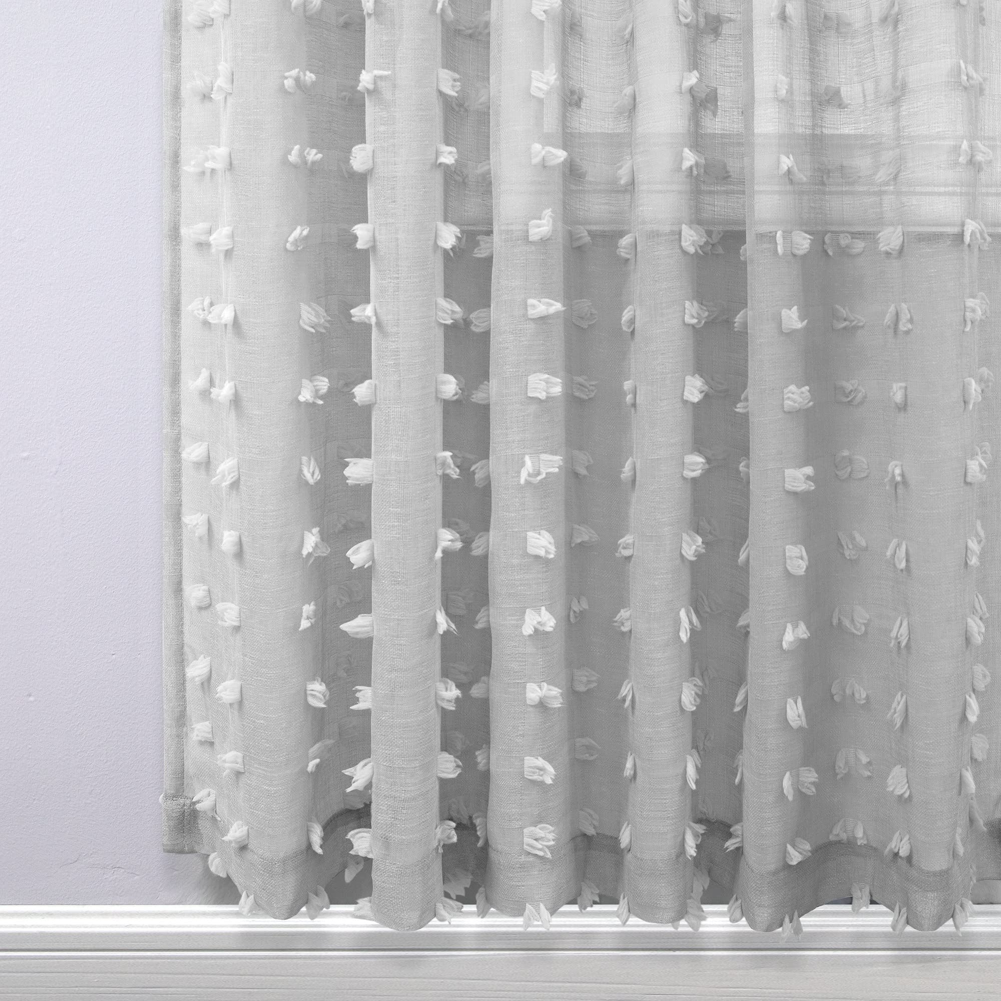 Koufall Grey Textured Sheer Curtains 96 Inches Long For Living Room Pom Pom Boho Fluffy Furry Back Tab Ceiling To Floor Length R