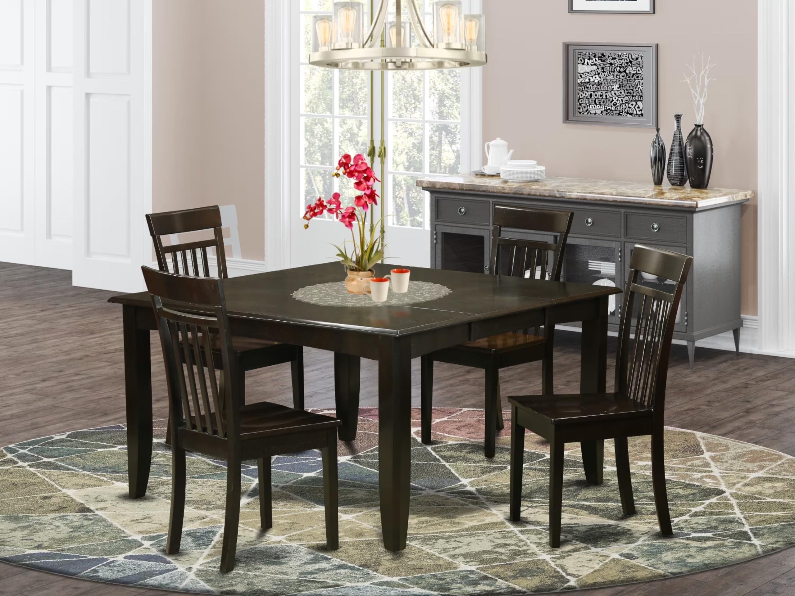 East West Furniture PFCA5-CAP-W 5 Piece Dining Table Set for 4 Includes a Square Kitchen Table with Butterfly Leaf and 4 Kitchen Dining Chairs, 54x54 Inch, Cappuccino