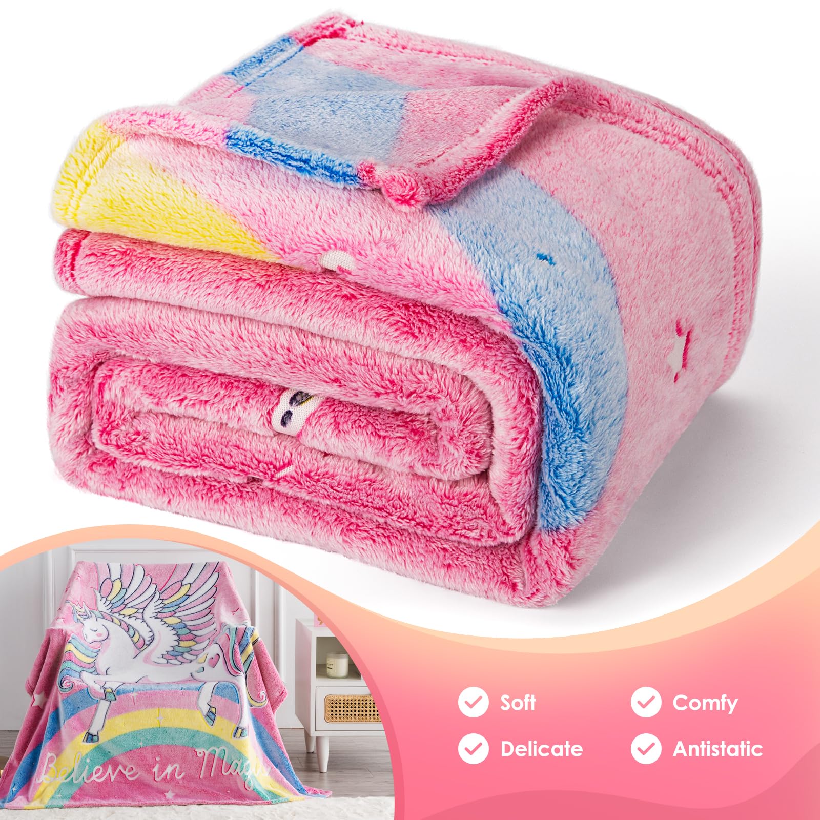 Unicorn Gifts Toys For Kids Girls - Glow In The Dark Blanket Age 1-13 Years Old Birthday Christmas Valentine'S Gift Easter Presents Toddler Teen Daughter Grandkids Rainbow Moon Stars Throw 50'X60'