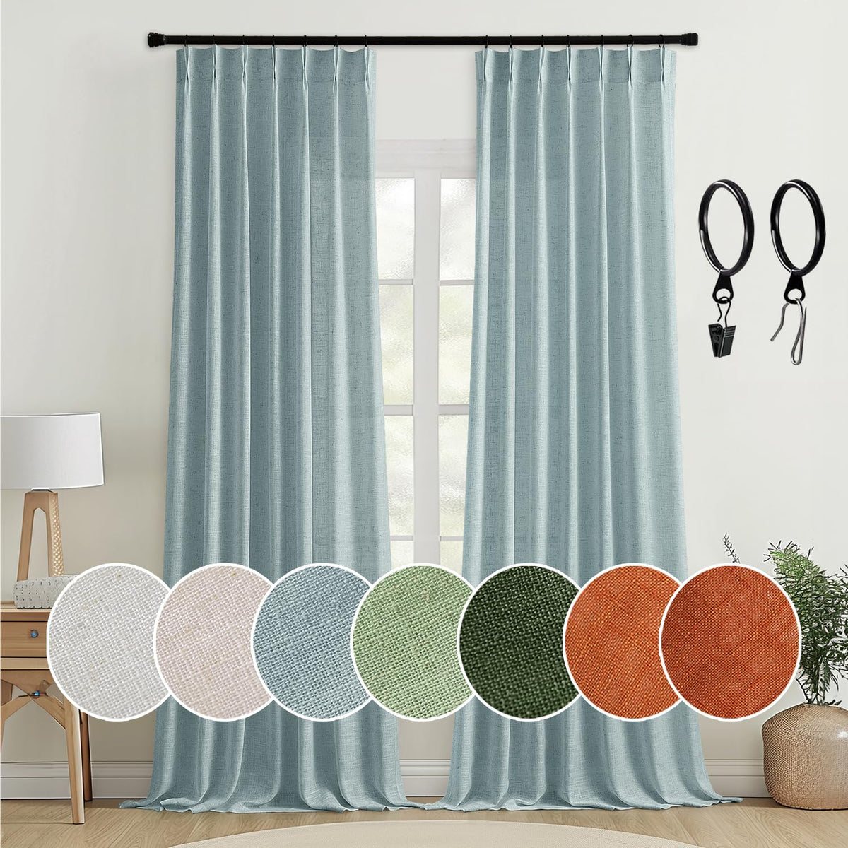 Miulee Pinch Pleated Stone Blue Linen Curtains 108 Inches Long 2 Panels For Bedroom Living Room, Soft Thick Linen Textured Windo