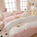 Amztop Romantic Pink Floral With Ruffle 100% Cotton Duvet Cover Queen Size Set, 3Pcs Teen Girls Flower Comforter Cover With Zipp