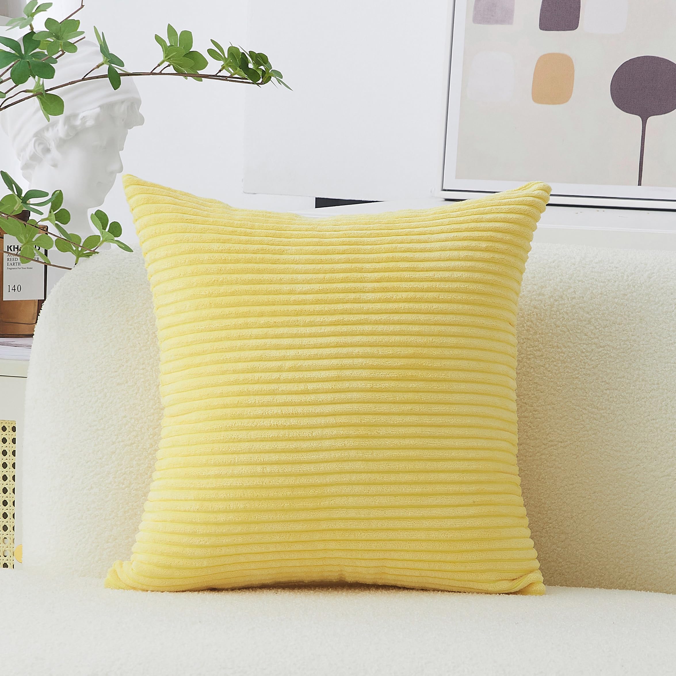Home Brilliant Solid Striped Pillow Cover Yellow Square 20X20 Throw Pillow Cover Soft Boho Plush Pillow Case For Living Room Bed