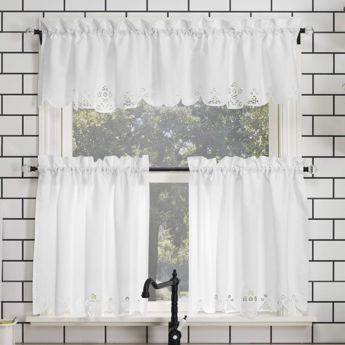No. 918 Mariela Floral Trim Semi-Sheer Rod Pocket Kitchen Curtain Valance And Tiers Set, 58' X 24', White