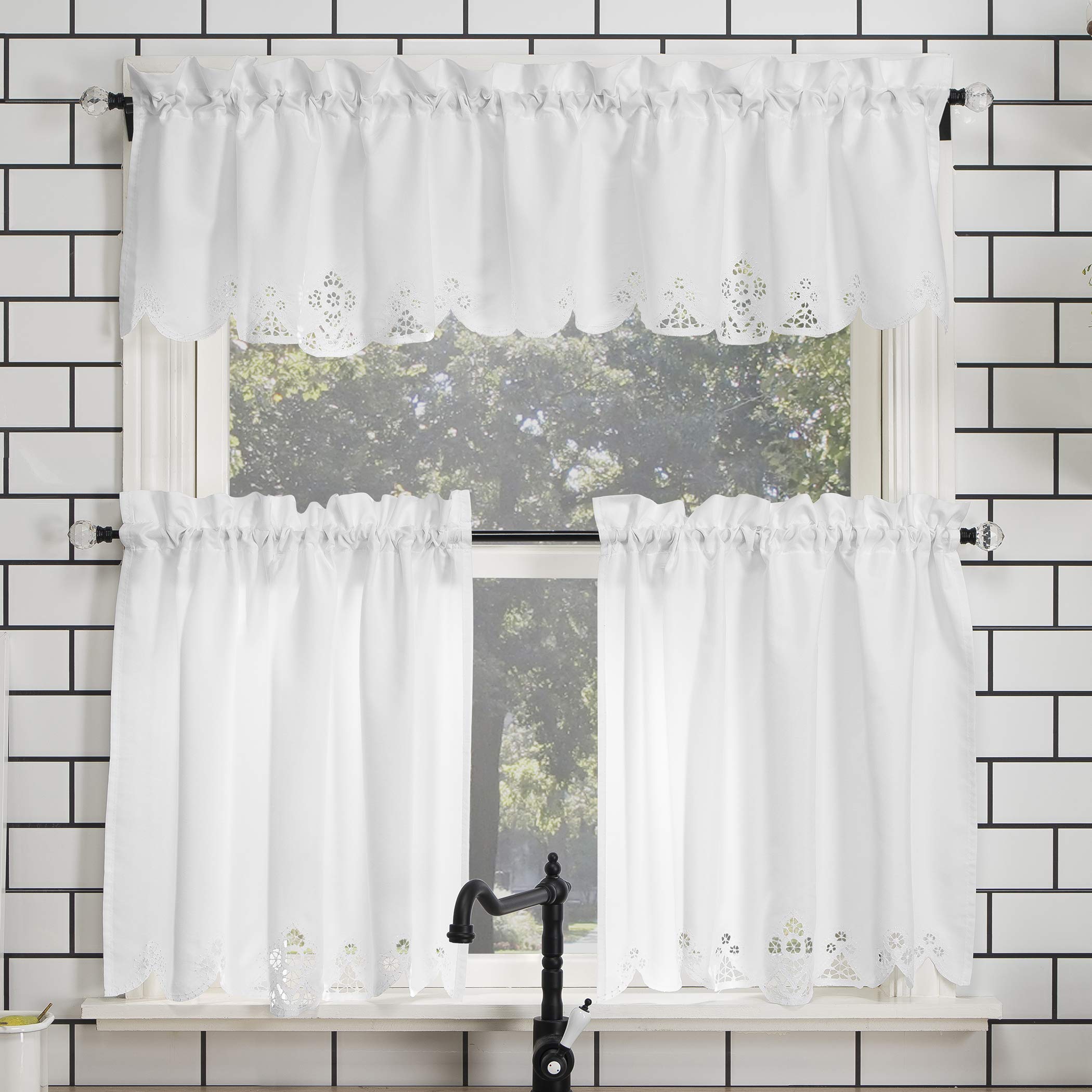 No. 918 Mariela Floral Trim Semi-Sheer Rod Pocket Kitchen Curtain Valance and Tiers Set, 58 x 36, White