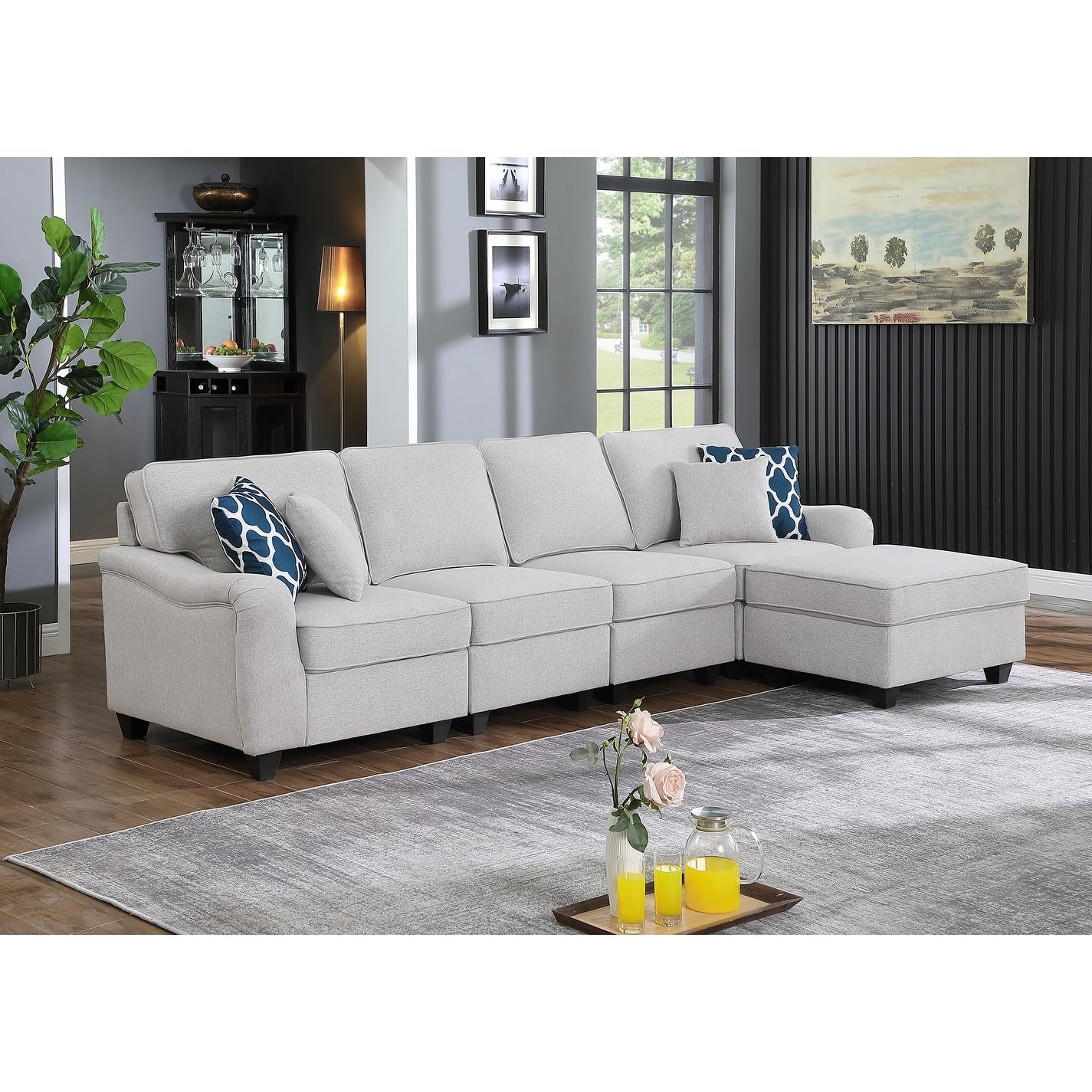 Lilola Home Leo Light Gray Linen 5 Seater Sofa and Ottoman